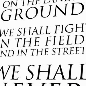 Pu&ograve; includere: Testo in bianco e nero su sfondo bianco. Il testo recita "ON THE LAND GROUNDS WE SHALL FIGHT IN THE FIELDS AND IN THE STREETS WE SHALL NEVER"