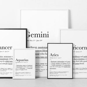 May include: Black and white printable wall art featuring zodiac signs with descriptions. The signs include Cancer, Gemini, Aquarius, Aries, and Capricorn.