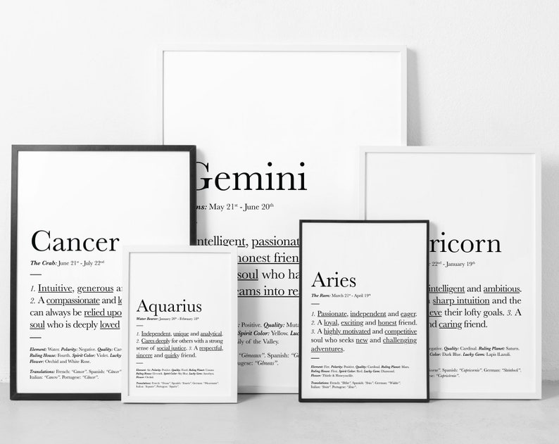 May include: Black and white printable wall art featuring zodiac signs with descriptions. The signs include Cancer, Gemini, Aquarius, Aries, and Capricorn.