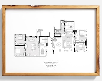 Friends TV show floor plan: Monica, Rachel, Chandler and Joey apartments, poster, print, wall art, girlfriend gift