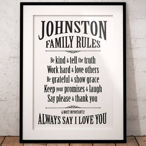 Family Rules sign Custom wall art, print, house rules, new house gift, present, kitchen, hallway, living room, personalised, personalized image 8