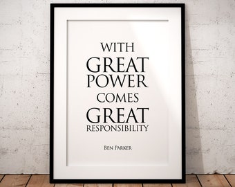 Spiderman print - Great power, responsibility, motivational poster quotes, inspirational wall art, teenager present, Spider-man movie