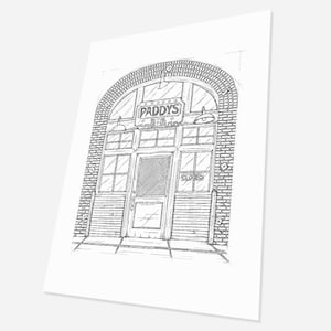 May include: A black and white line drawing of a brick building with an arched doorway. The doorway has a sign that reads "Paddy's Pub" and a closed sign on the door.