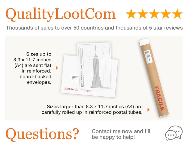 以下が含まれることがあります： オレンジ色の「QualityLootCom」というテキストと5つの金色の星が書かれた白い背景。ロゴの下には「Thousands of sales to over 50 countries and thousands of 5 star reviews」というテキストがあります。画像は、「FRAGILE」という単語が印刷された茶色のチューブを示しています。テキスト「Sizes up to 8.3 x 11.7 inches (A4) are sent flat in reinforced, board-backed envelopes.」は画像の左側、テキスト「Sizes larger than 8.3 x 11.7 inches (A4) are carefully rolled up in reinforced postal tubes.」はチューブの下にあります。テキスト「Questions?」は画像の左側、テキスト「Contact me now and I'll be happy to help!」は画像の右側です。画像の右側には2つの吹き出しがあります。