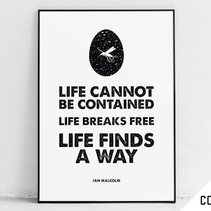 Poster di Jurassic World - Stampa del Regno Distrutto, citazioni di Jurassic Park, Ian Malcolm, La vita trova una via, arte murale geek, regalo nerd, decorazioni con dinosauri