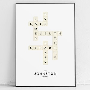 Family tree scrabble print gift, sign, crossword, family names, custom, personalised, art, poster, new baby