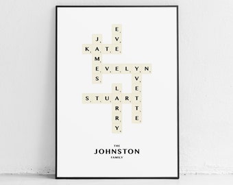 May include: A black and white image of a crossword puzzle with the names "Kate", "Evelyn", "Stuart", and "Larry" spelled out. The text "The Johnston Family" is at the bottom of the image.