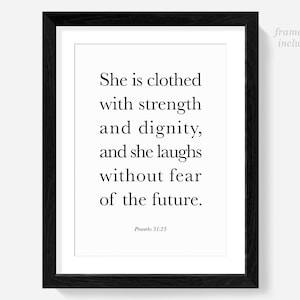 Bijbelvers wordt afgedrukt, kunst aan de muur, teken, religieuze geschenken, spreekwoorden 31 vrouw kunst aan de muur print, spreekwoorden poster, feministische bijbelkunst, Spreuken 31:25