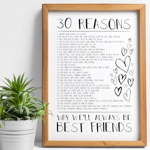 30 Reasons Friendship print, gift, best friend gifts, custom, 50, 40, close friend christmas gifts, reasons why, bestie