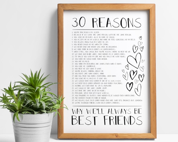 30 Reasons Friendship Print, Gift, Best Friend Gifts, Custom, 50, 40, Close  Friend Christmas Gifts, Reasons Why, Bestie 