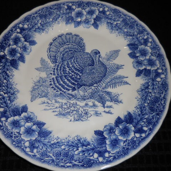 Vintage Turkey Plate, Churchill, "Thanksgiving", Plate with Turkey, Vintage Blue Plate, Made in England, Myott Factory Archive Dinner Plate