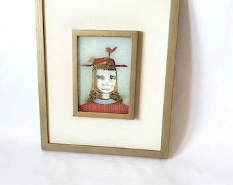 Higgins Glass Art - Orange Dress Girl with a Bird in her Hat Signed | Mid Century Modern Framed Fused Glass Wall Art circa 1950