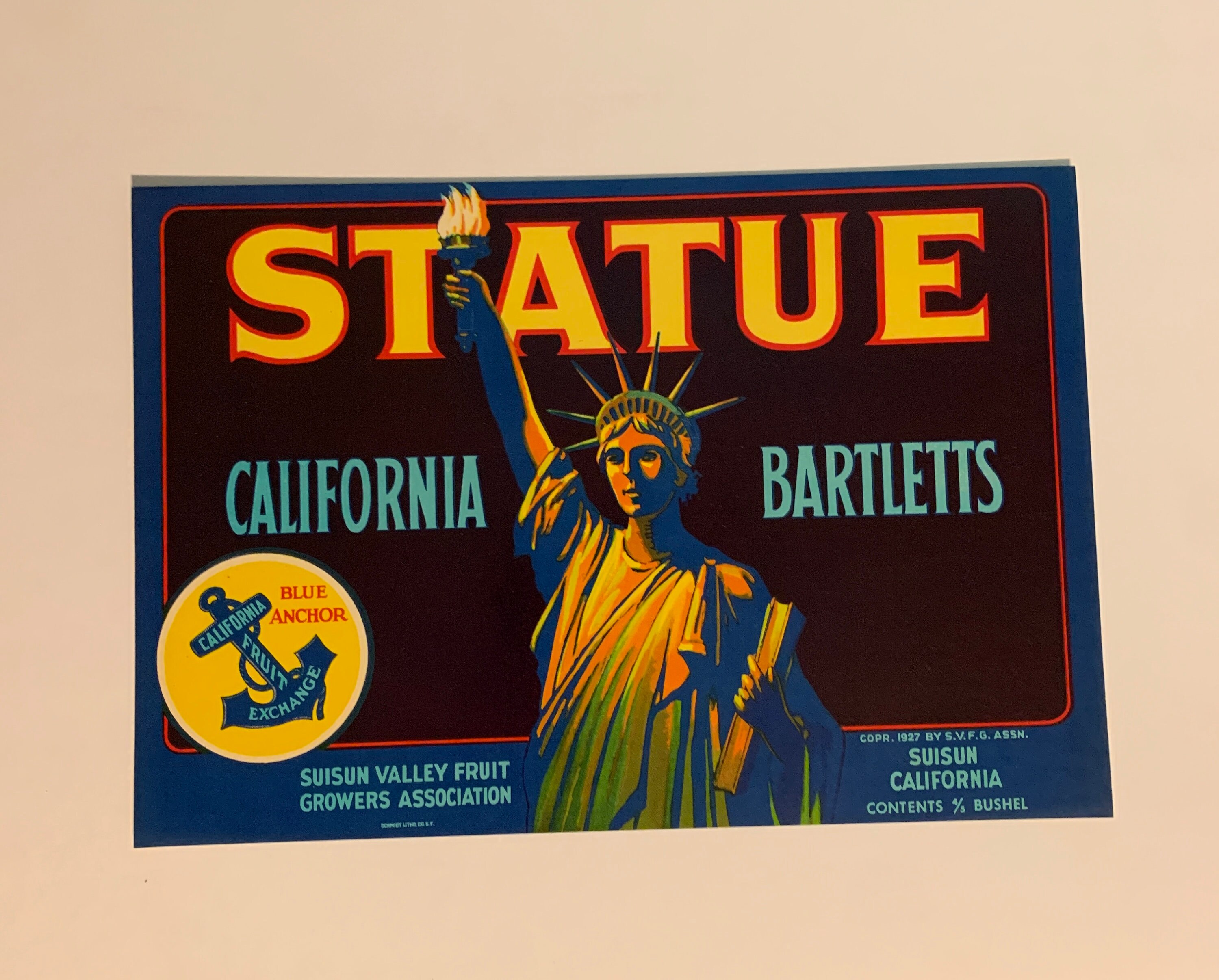 Vintage Original Statue California Bartletts Fruit Crate Box Labels | Set of 6 labels | 11" x 7" | Fruit Crate Label | Suisun Valley | 1940