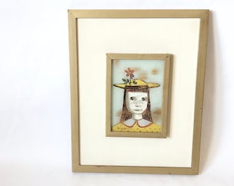 Higgins Glass Art - Yellow Dress Girl with Flower in her Hat Signed | Mid Century Modern Framed Fused Glass Wall Art circa 1950