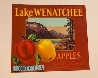 Vintage Original Lake Wenatchee Apple Fruit Crate Box Labels | Set of 6 labels | 10&quot; x 9&quot; | Fruit Crate Label | Vintage Label |Cashmere Wash
