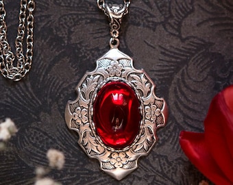 Collar gótico victoriano, joyería floral femenina, colgante de piedra carmesí