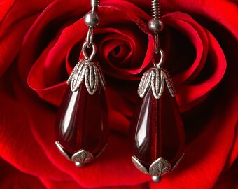 Victorian Earrings, Red Czech glass earrings, Fantasy jewelry, Victorian jewelry