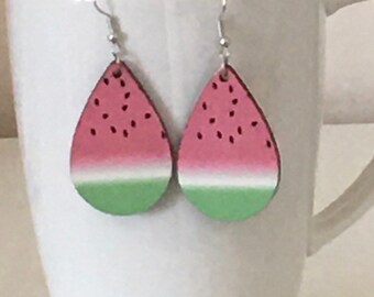 Watermelon teardrop dangle earrings, pierced ears,