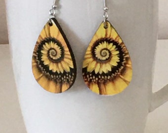 Sunflower Teardrop dangle earrings, pierced ears