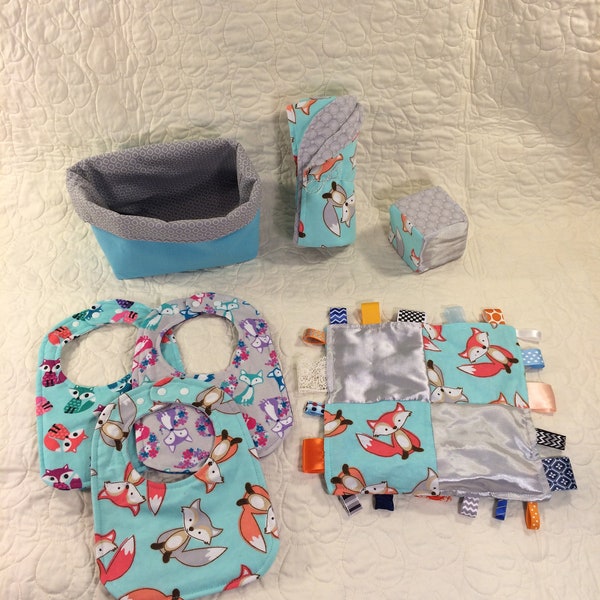 Foxes Baby Gift Set Basket - 3 Bibs, Ribbon Crinkle Toy, Block, Blanket, and Fabric Basket