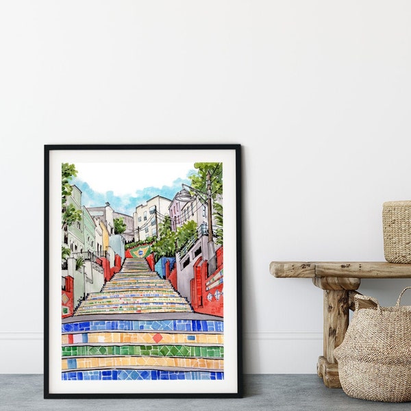 Colorful Wall Art: Escada Selaron, Rio de Janeiro, Brazil Watercolor Art Print, Travel Poster, Large Wall art, bright apartment decor,