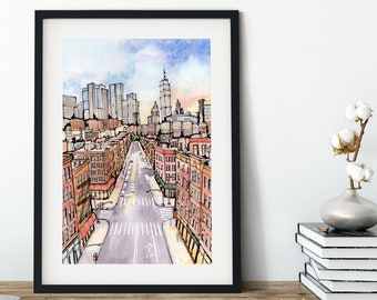 NYC Watercolor Art Print: New York City Street Scene at Sunrise