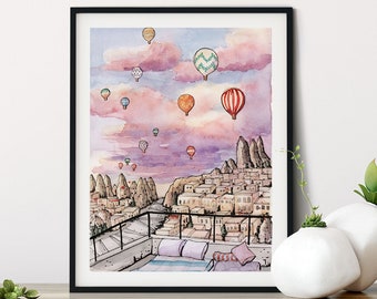 Cappadocia Hot Air Balloons Watercolor Art Print: Turkey Sunset Poster