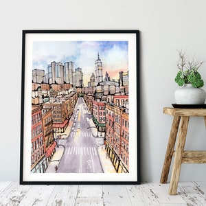 Impression d'art aquarelle NYC : horizon de New York, affiche de voyage colorée