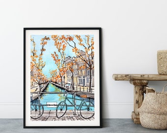 Amsterdam Canal Watercolor Art Print: Fall Travel Poster