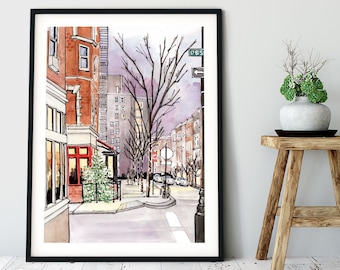 Winter in NYC Watercolor Art Print: Snowy Tribeca Street Scene