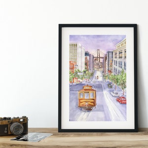 San Francisco Large Watercolor Print, California Street, Golden Gate Bridge and Streetcar, romantic City Art, American Art, Poster Wall Art