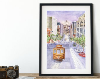 San Francisco Watercolor Print: California Street, Golden Gate Bridge