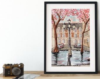 Paris Spring Cherry Blossom Watercolor Art Print: Furstenberg Square