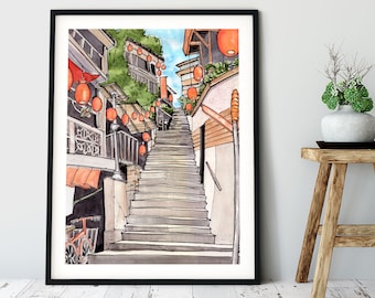 Watercolor travel art: Juifen, Taiwan cluttered staircase print with hanging lanterns.  Watercolor landscape, wanderlust, architectural art
