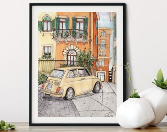 Poster Art: Verona Streets in a little Fiat, Romantic Travel Watercolor Print, Large Wall Art, Yellow Living Room Decor, Travel Art,