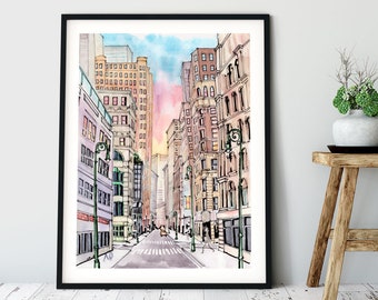 NYC Watercolor Art Print: New York City Streets, Sunrise Gallery Wall