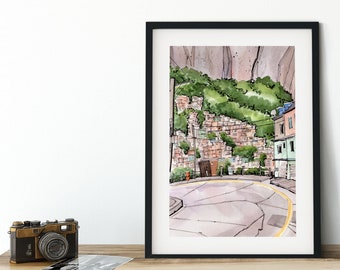 Brazil art: Rio de Janeiro Favela, Watercolor Art Print, urban streetscape, gritty art,  gift for traveller, colorful city