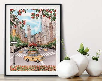 USA Print: New York Madison Avenue colorful cityscape, travel print, skyline, urban streetscape, office decor, travel decor, back to school