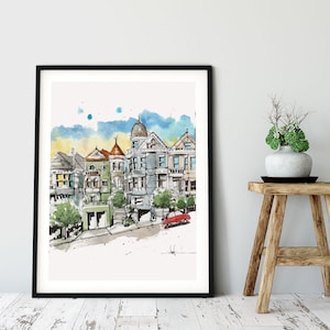 San Francisco Watercolor Print: Painted Ladies Row Houses Art