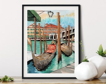 Travel Print: Venice Canals with Gondolas and Rialto Bridge Romantic art, watercolor art, office decor, cubicle decor, wanderlust art