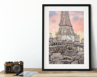 Paris Rooftops Watercolor Print: Eiffel Tower Art