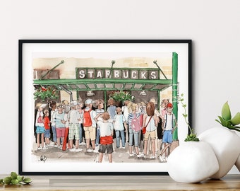 Original Starbucks Storefront, Coffee Shop Watercolor Art Print