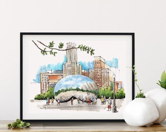 Cloud Gate Chicago Bean Watercolor Art Print, Large Wall Art, Travel and Gallery Wall Decor