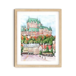 Vecchio Quebec, stampa d'arte acquerello, Chateau Frontenac Hotel, arredamento per ufficio, arredamento autunnale, grande arte murale, arte canadese, arredamento colorato della città