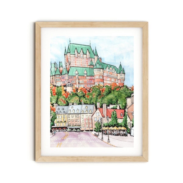 Vieux-Québec, Impression d’art aquarelle, Hôtel Château Frontenac, Décor de bureau, Décor d’automne, Grand art mural, Art du Canada, Décor urbain coloré