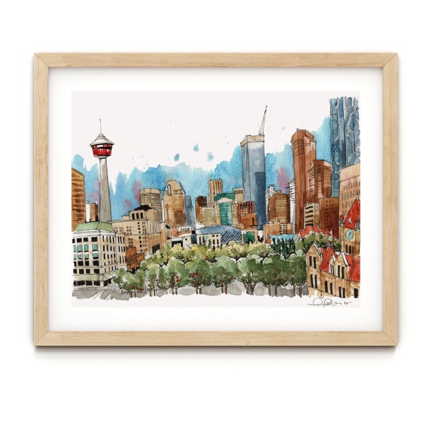 Calgary Skyline Watercolor Art Print, YYC Downtown, Alberta Wall Decor