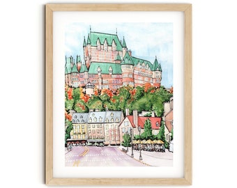 Old Quebec, Watercolor Art print, Chateau Frontenac Hotel, Office Decor, Fall Decor, Large wall art, Canada Art, Colorful city decor