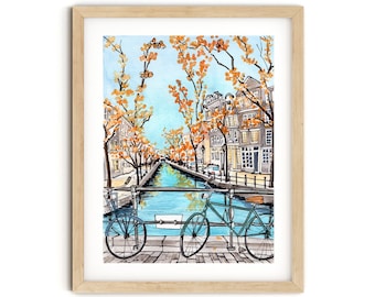 Autumn in Amsterdam Watercolor Travel Poster Print