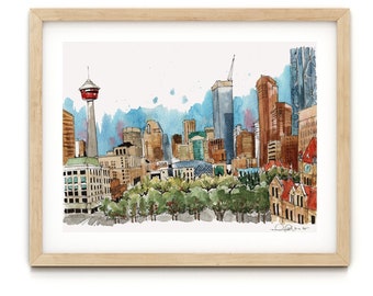 Calgary Skyline acuarela arte impresión, YYC Downtown, decoración de la pared de Alberta