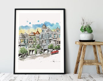 San Francisco Watercolor Print: Painted Ladies Row Houses Art